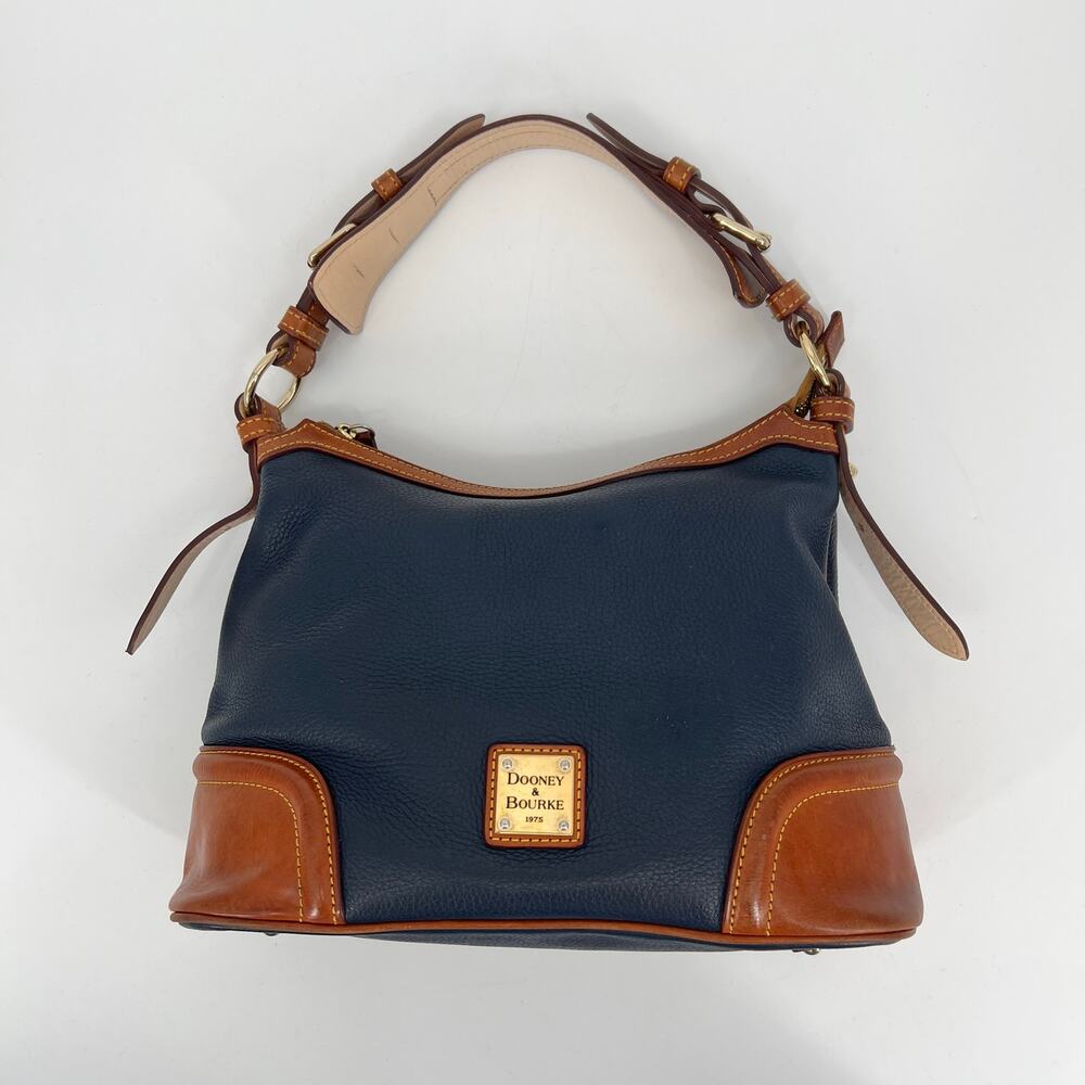 Dooney & Bourke Pebble Grain Hobo Bag Navy Blue Cognac Brown Leather Shoulder